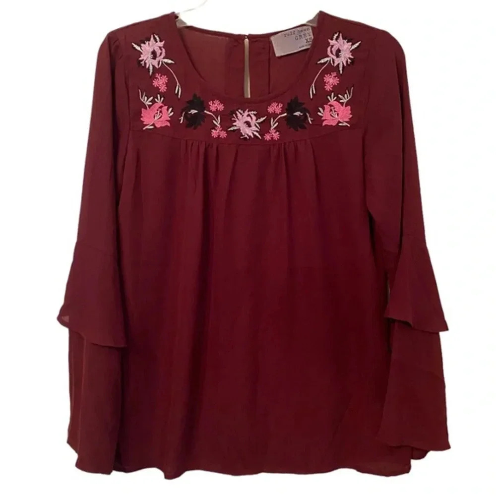 Ruff Hewn Grey Burgundy Boho Top
